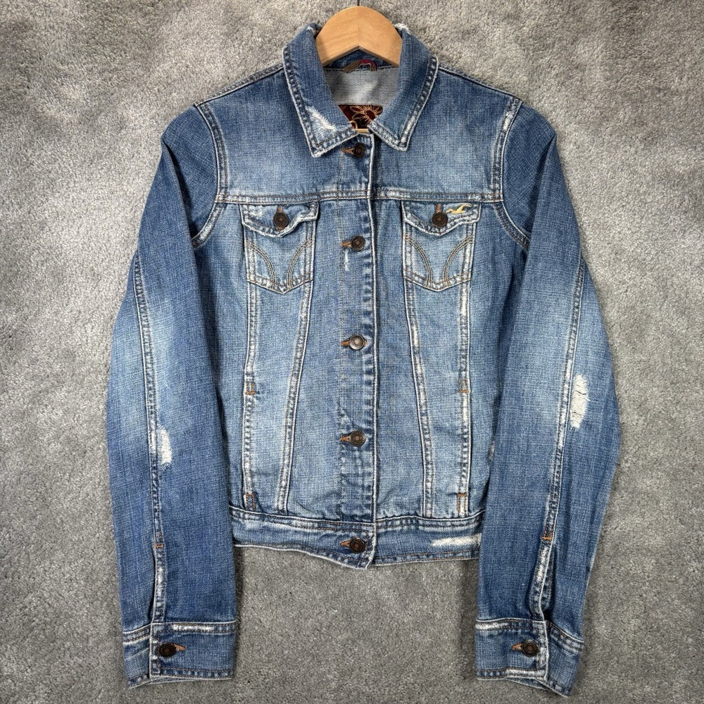 Vintage Hollister Jacket Womens M Blue Denim Button Up Trucker Distressed Y2K - Picture 2 of 7